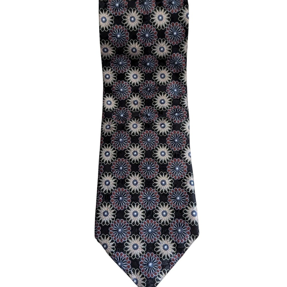 Ermengildo Zegna Mens Black Silver Metallic Floral 100% Silk Italy Made Tie